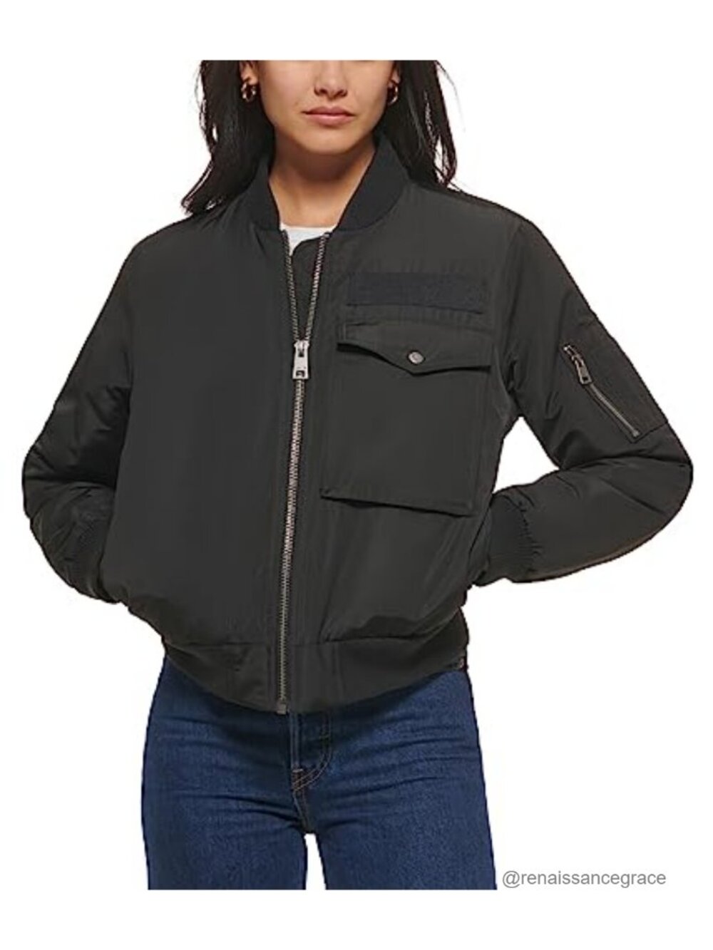 Utility Flight Bomber Jacket Plush Fill Rib Knit Cuffs Zip Front Casual